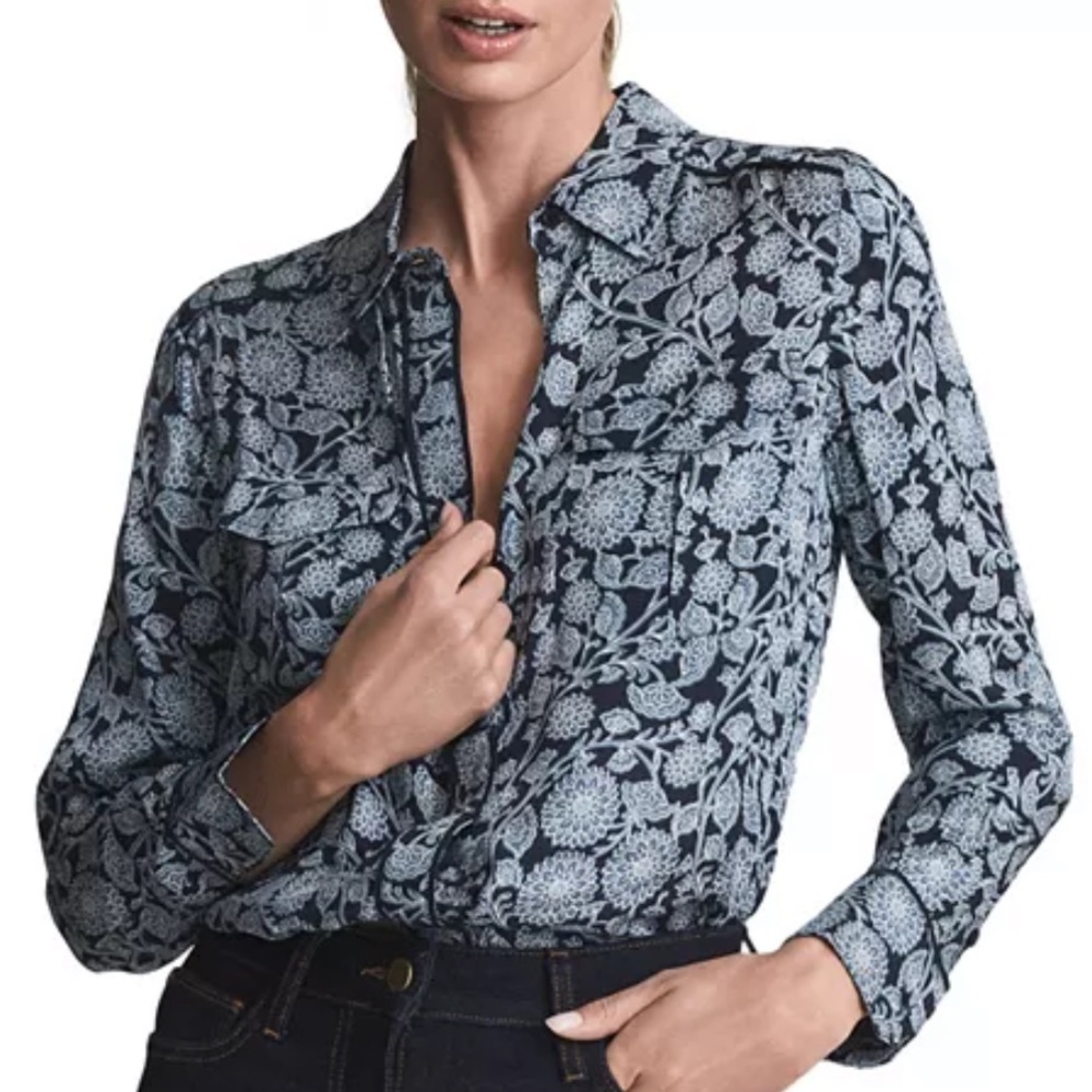 REISS Lizzy Floral Print Shirt Blue Boho Business Casual Women’s Size 8